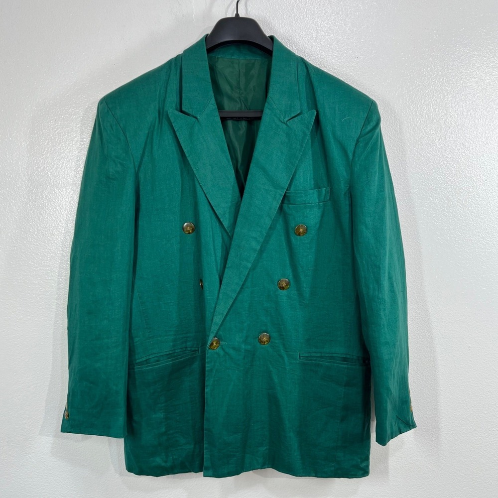 Bruno Designed in Italy Vintage 100% Linen Double Breasted Blazer Jacket Green M
